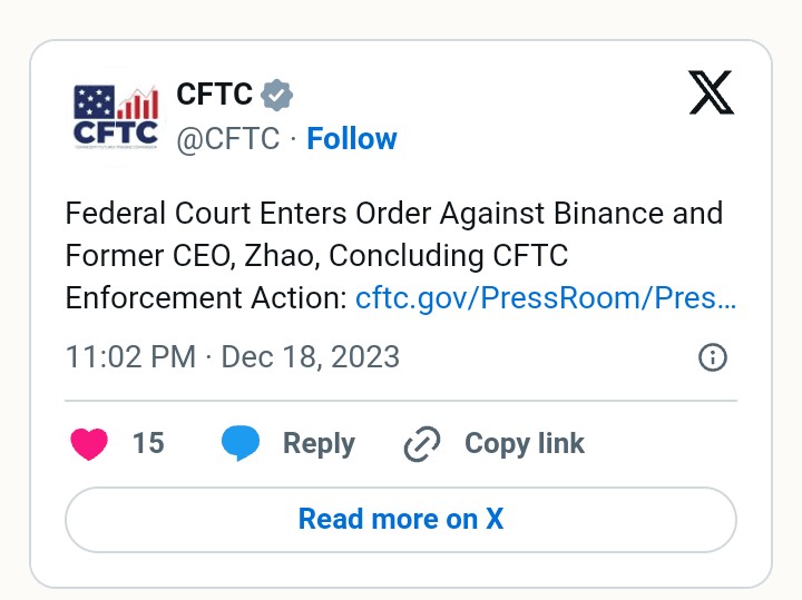 美国法院批准币安罚款结束与CFTC的诉讼