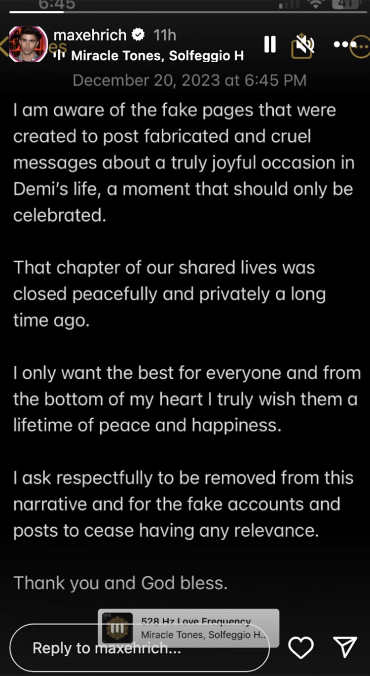 黛米洛瓦托DEMILOVATO的前男友马克斯埃里希MAXEHRICH对她与朱特斯JUTES订婚做出反应抨击捏造和残忍的帖子