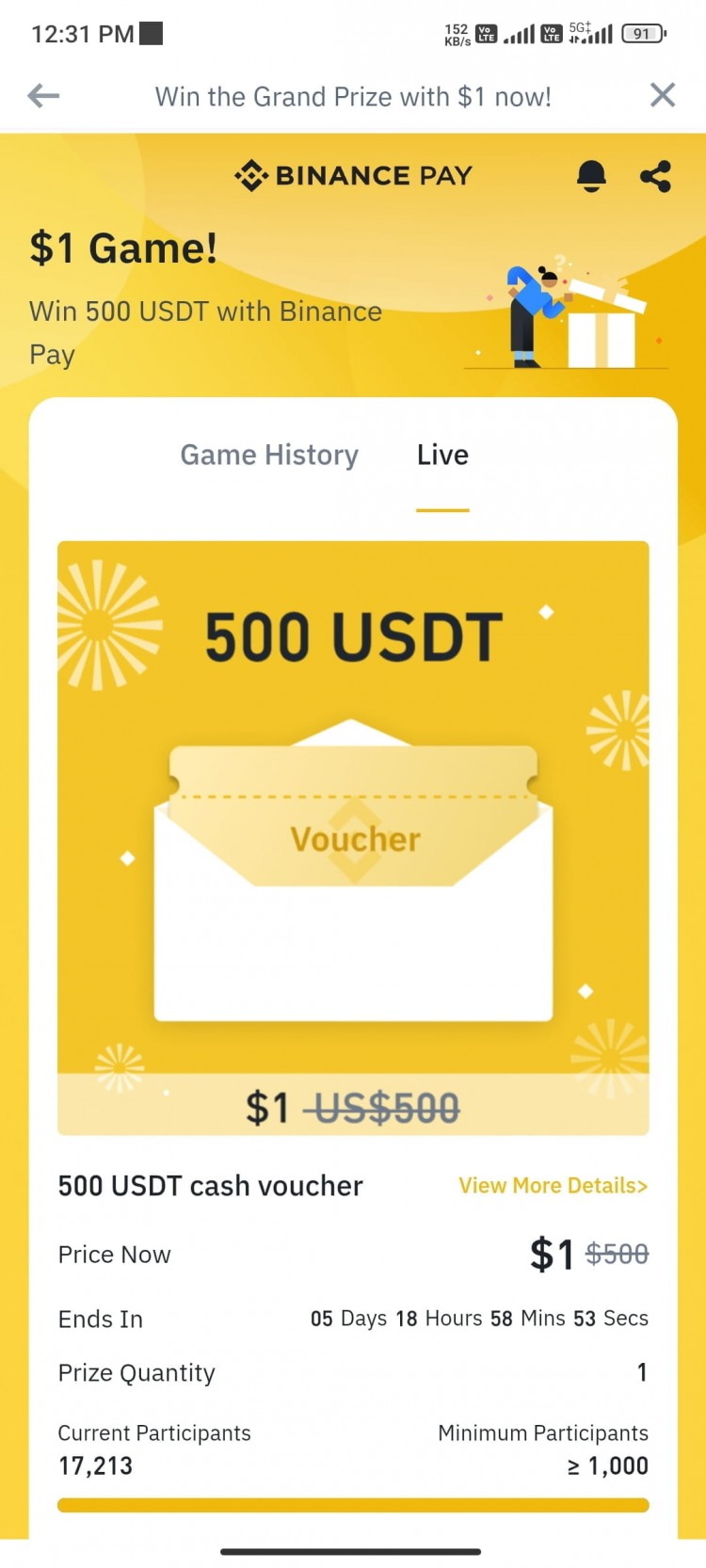 参与币安 1 美元游戏，赢取500美元奖励！