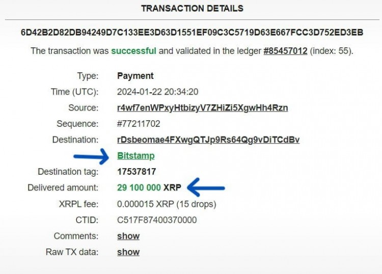 XRP大额转移到Bitstamp 交易哈希信息由此获取