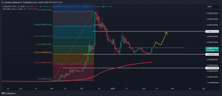 在斐波那契038黄金比例的支撑下BONK可能飙升50