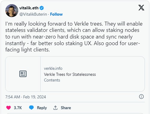 Vitalik Buterin预计以太坊Verkle树升级，暗示或集成人工智能
