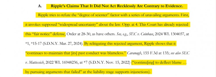 美国证券交易委员会驳回RIPPLE的辩护强调对未来违规行为的担忧