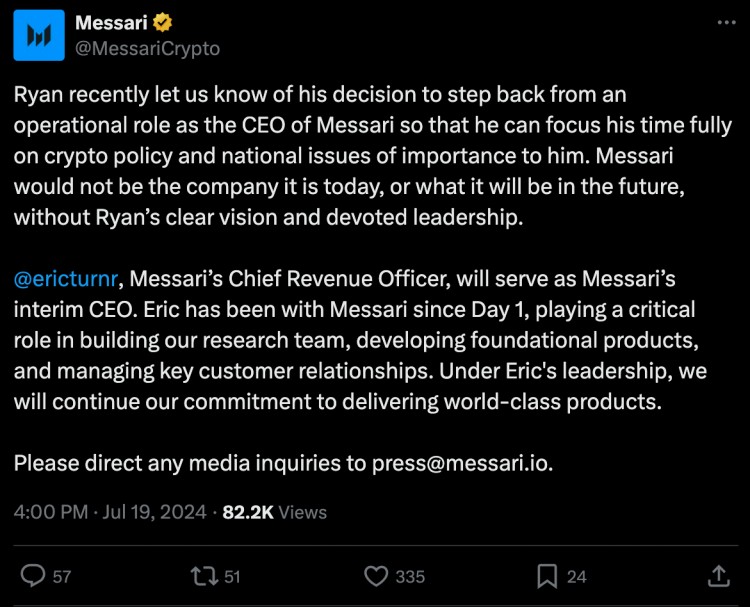 Ryan Selkis 在 Twitter 上发表离奇言论后辞去 Messari 首席执行官一职